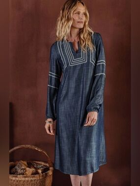 Pure J Jill Chambray denim whipstitch midi dress boho coastal peasant medium